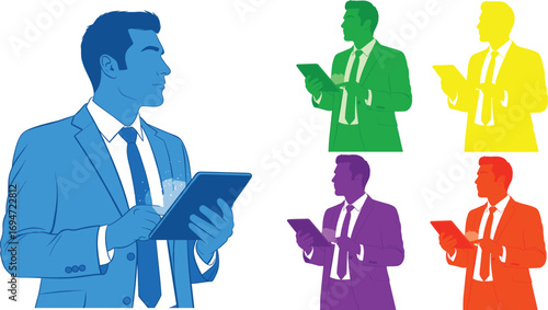 Colorful businessman using digital tablet technology corporate illustration professional male office communication modern business innovation teamwork leadership success concept
