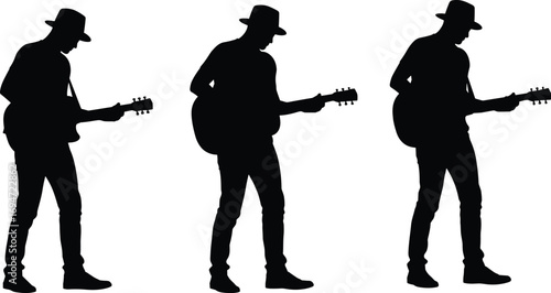 Electric Guitar Silhouettes in Repetitive Standing Pose with Hat on White Background for Music, Branding, and Design Content