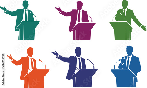 Colorful vector illustration of business speakers giving presentations at podium, leadership speech, public speaking, conference seminar, and corporate communication set