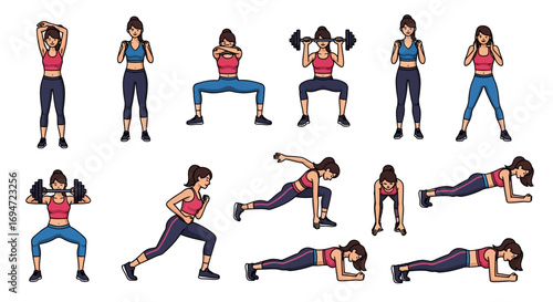 white background, flat vector illustration, sportswear, multiple workout poses and exercises, modern clean style