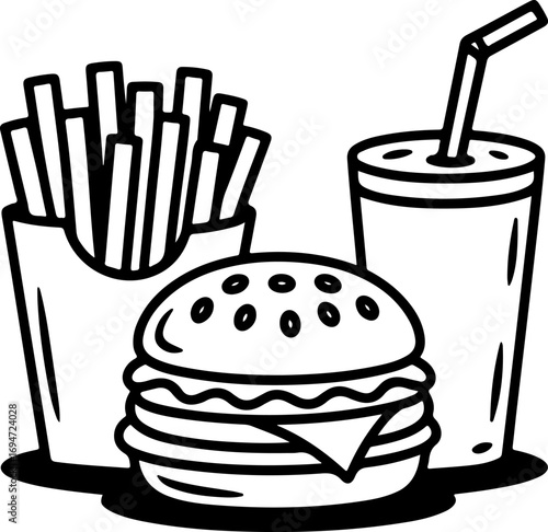 Fast food vector illustration of a burger, french fries and a soda cup with straw