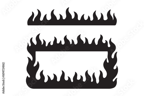 Cartoon fire borders. Flame frame, blazing dividers, hot flaming banners. Fire flames on white background. Close up fire flames isolated on white background 