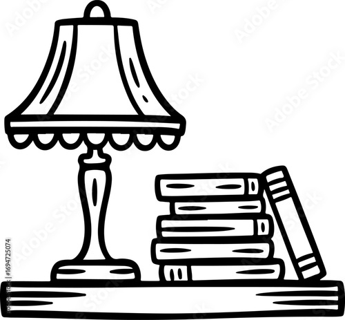 Lamp and Books Cozy Home Study Doodle with Linear Black and White Art