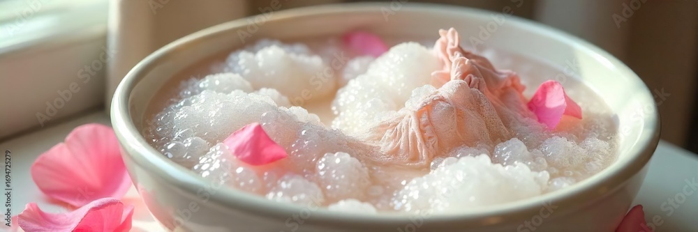 Fototapeta premium Delicate lace lingerie gently swirling in a porcelain basin, filled with fragrant bubbles and soft petals A scene of luxurious and gentle cleansing , porcelain basin, luxury