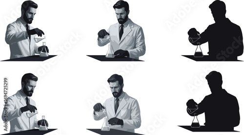 PrintScientist in laboratory conducting chemistry experiment with flasks research science professional medical study testing vector illustration scientific concept