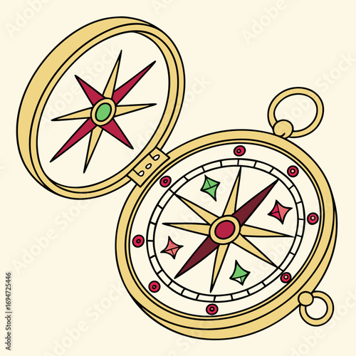 Vector art of antique golden compass with open lid, vector illustration
