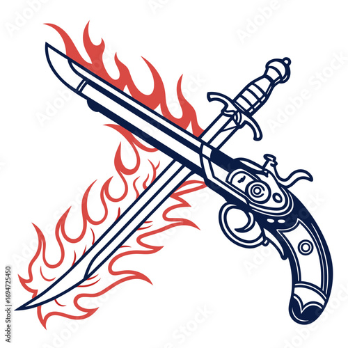 Vector art of antique pistol and sword crossed with flames