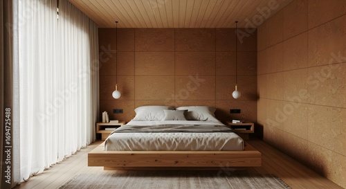 Minimalist bedroom with wooden platform bed and neutral color scheme.