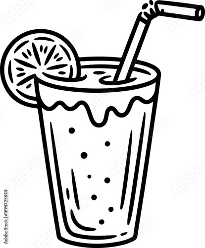 Minimalist Doodle Line Art Illustration of a Chilled Refreshing Beverage in a Glass with a Straw and Lemon Slice