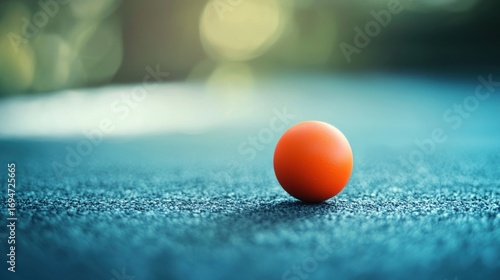 A single orange ball on a blue surface with a blurred green background, creating a vibrant contrast.