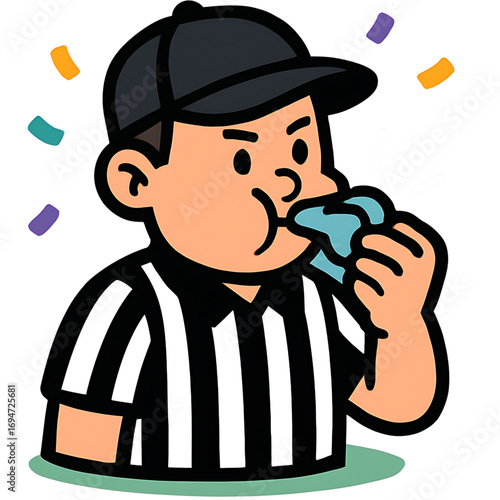 An authoritative cartoon sports referee in a striped uniform and cap, blowing a whistle to enforce the rules and make a critical call during a game