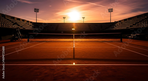 Sunset over a clay tennis court at Roland Garros, stadium lights illuminate the scene.