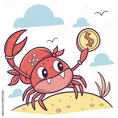Vector art of cartoon pirate crab with coin on beach