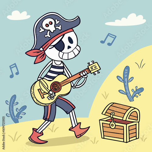 Vector art of cartoon pirate skeleton playing guitar near treasure chest on hill