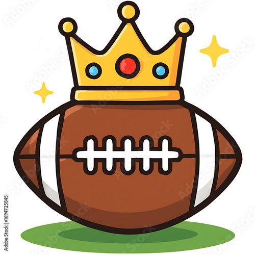 Cute cartoon American football with a king's crown on green grass, representing the champion of the game or a fantasy league winner
