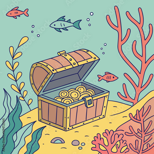 Vector art of cartoon underwater scene with treasure chest, fish, coral and gold coins
