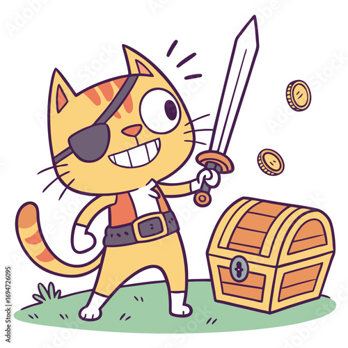 Vector art of funny cartoon cat pirate with treasure chest