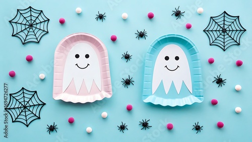 Cute ghost paper plates with spider webs and halloween decoration 
