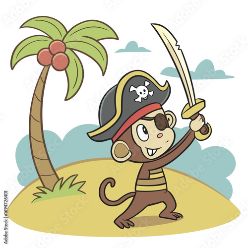 Vector art of monkey pirate cartoon character with sword on island with palm tree