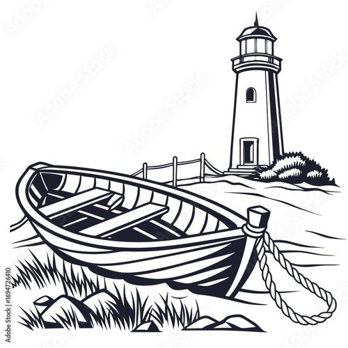 Vector art of monochrome boat on the shore with lighthouse
