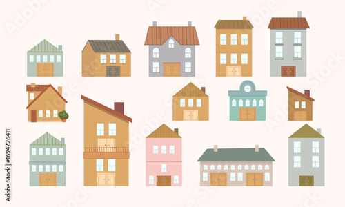Cute cartoon houses in Scandinavian style element  vector illustration. City building architecture icon isolated on white background.