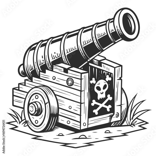 Vector art of monochrome pirate cannon, vector line art illustration