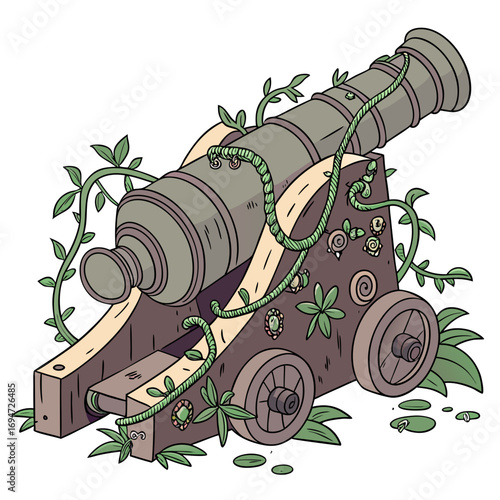 Vector art of old cannon with plants, a relic of the past