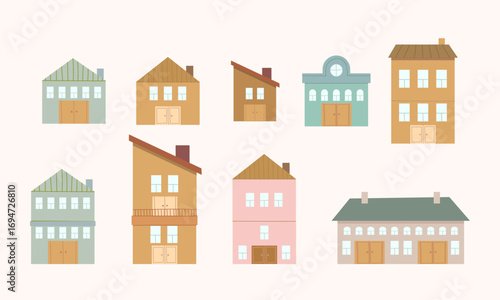 Cute cartoon houses in Scandinavian style element  vector illustration. City building architecture icon isolated on white background.