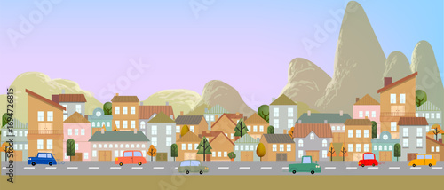 Cute houses, city building in Scandinavian style vector illustration. Cozy town, urban street architecture and panorama.