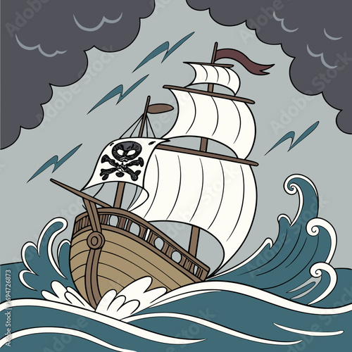 Vector art of pirate ship sailing on stormy sea with lightning strikes in the background