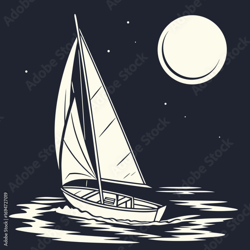 Vector art of sailboat sailing at night under the moon, vector