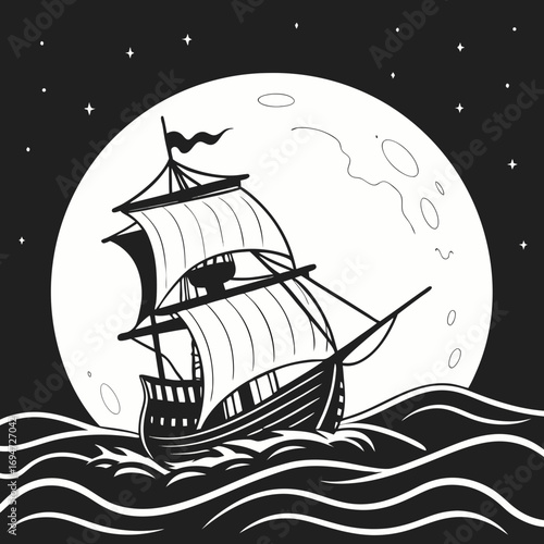 Vector art of sailboat sailing on the sea at night with full moon