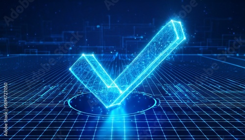 ethical ai compliance concept digital checkmarks glowing on a blue grid background
