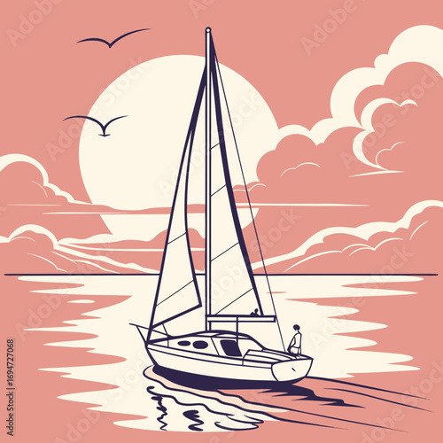 Vector art of sailboat sailing on the sea at sunset with birds flying in the sky