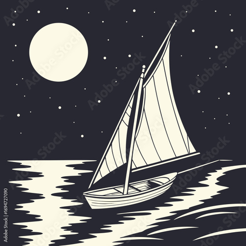 Vector art of sailboat sailing on the sea under the moonlight with stars at night