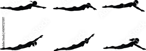 Freestyle Swimming Silhouettes in Varied Stroke Poses with Goggles and Swim Caps on White Background for Sports Design Content