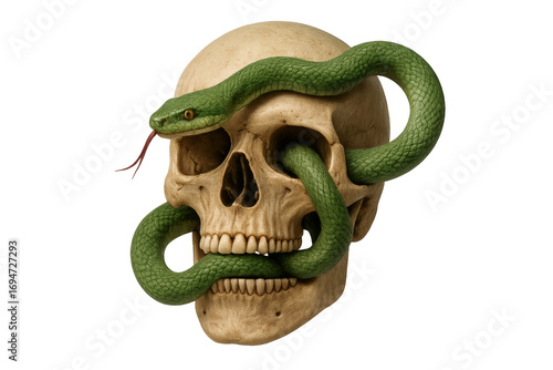 Green snake slithering around human skull on transparent background