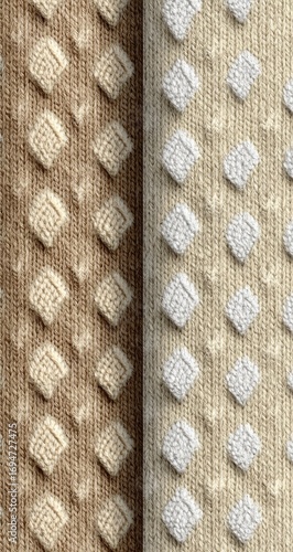 Two vertical panels of textured knit fabric, light beige and off-white, with diamond-shaped patterns