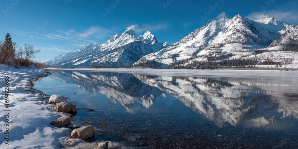 Obraz premium A serene winter landscape with a frozen lake, snow-covered mountains, and a clear blue sky.