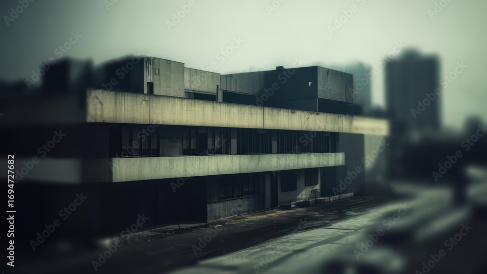 Obraz premium A hazy, desaturated image of a neglected, multi-story concrete building