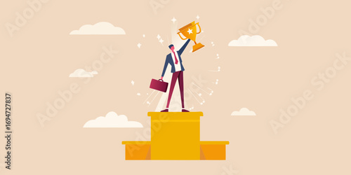 Successful businessman holding a golden trophy aloft on a winner s podium with clouds in the background