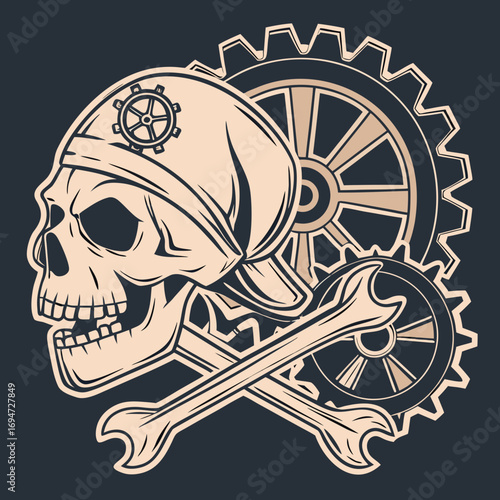 Vector art of steampunk skull with crossbones and gears on dark background