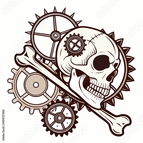 Vector art of steampunk skull with gears and bones