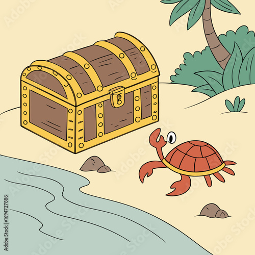 Vector art of treasure chest and turtle on a tropical beach illustration