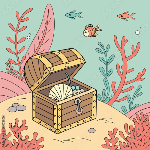 Vector art of treasure chest with pearl and seashell on the seabed with fish and corals