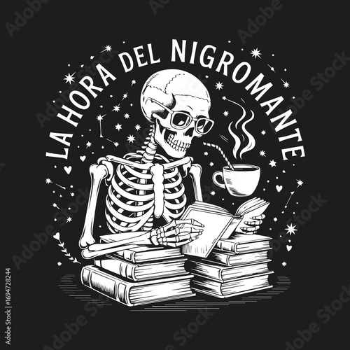 Skeleton necromancer reading books with coffee during midnight hour celestial theme vector