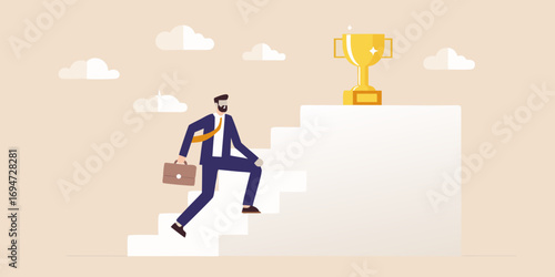Businessman climbing stairs towards a golden trophy symbolizing success and achievement in business