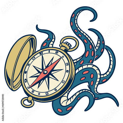 Vector art of vintage compass with octopus tentacles