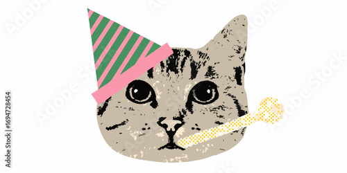 Cute tabby cat wearing a party hat and holding a party blower in its mouth celebrating a birthday