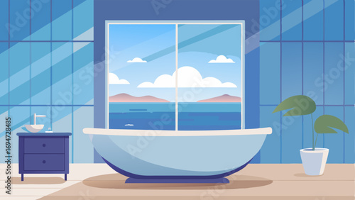 A modern bathroom with a freestanding bathtub situated beside a large window overlooking the ocean. The walls are adorned with a subtle oceaninspired wallpaper.